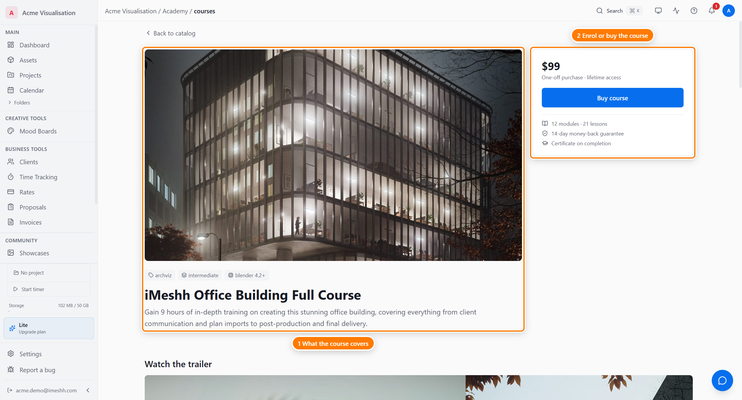 A course page: the course overview header (1), the Curriculum with its modules and lessons (2), and the Get the course / enrol panel (3).