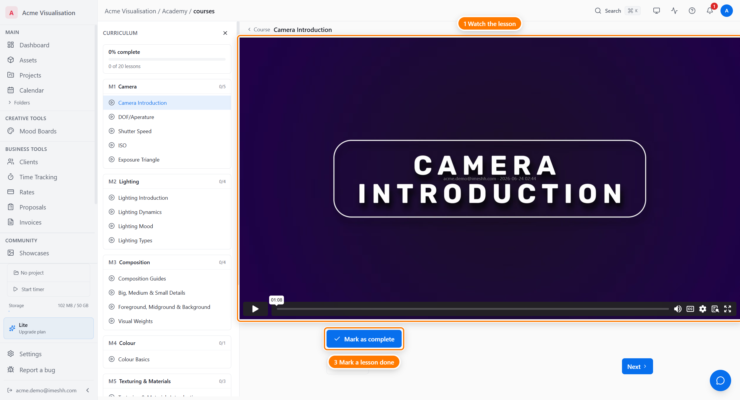 The lesson player: the lesson video (1), the curriculum sidebar with modules, lessons, and your progress (2), and the Mark as complete button (3).
