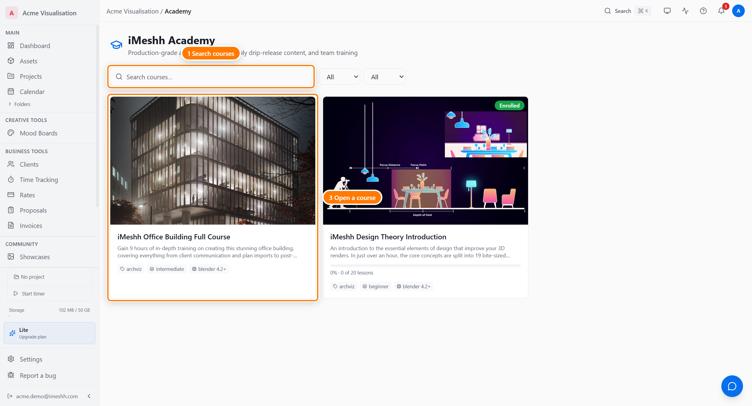 The Academy catalogue: the course search field (1), the category and software filters (2), and a course card (3) you click to open, with course thumbnails and levels.