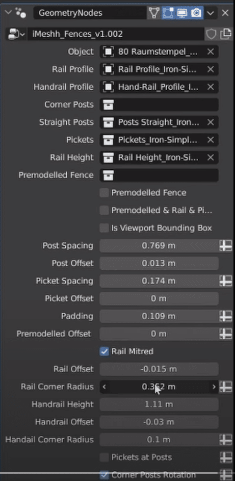 The geometry nodes modifier panel for a fence asset showing its adjustable parameters.