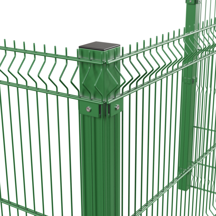 A green metal security fence generated with the procedural fence system.