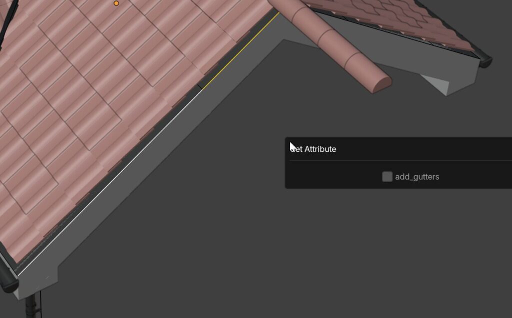 The add_gutters attribute selected in Object Data Properties with roof edges highlighted in Edit Mode.