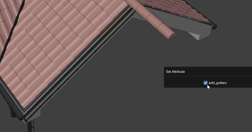 The Set Attribute operator enabling the add_gutters boolean on the selected edges, with gutters appearing on the roof.
