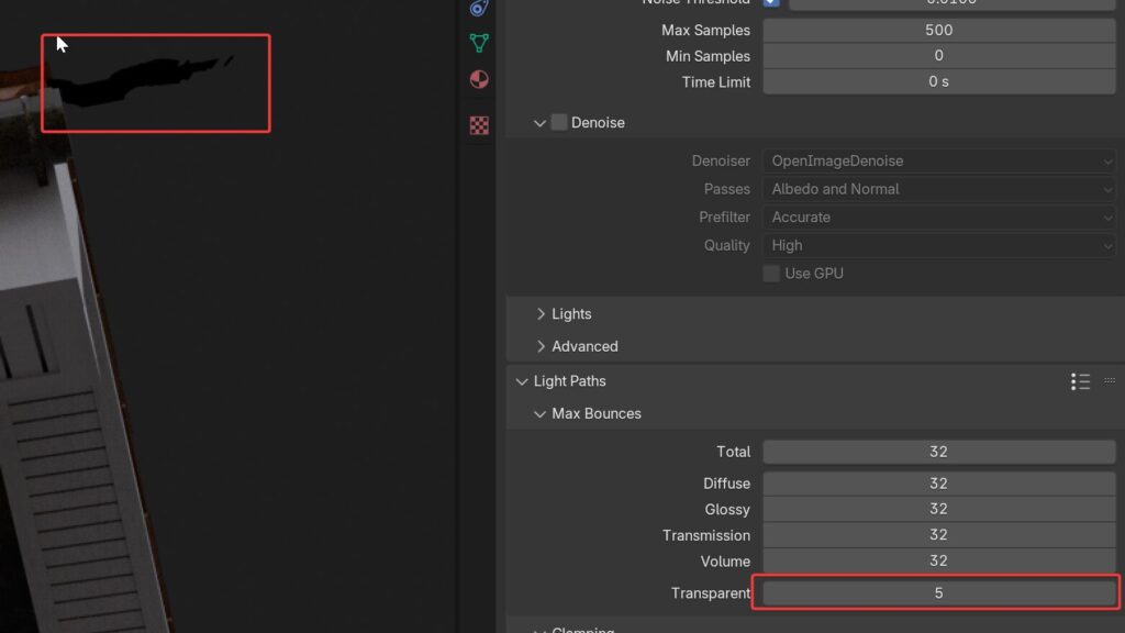 Render settings showing the transparent bounces value raised to fix black edges on alpha-mapped tiles.