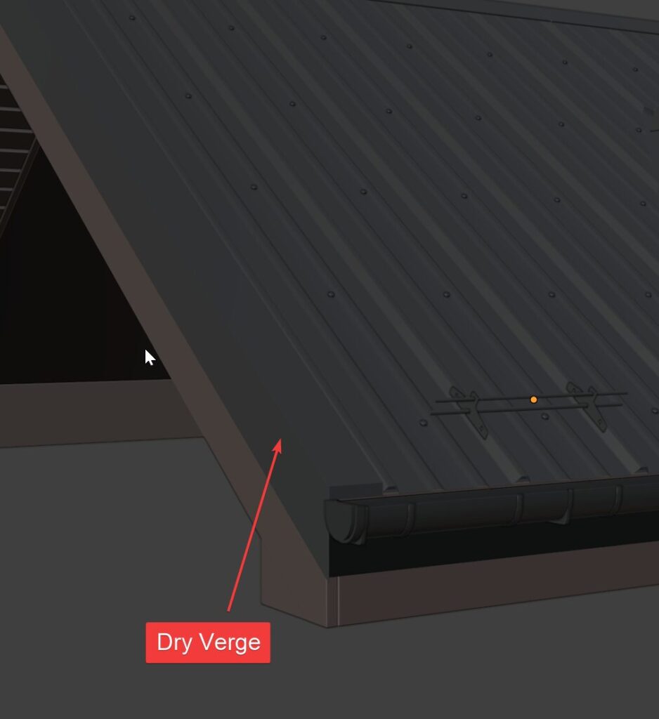 A dry verge cap generated along the sloped side edge of a metal panel roof.