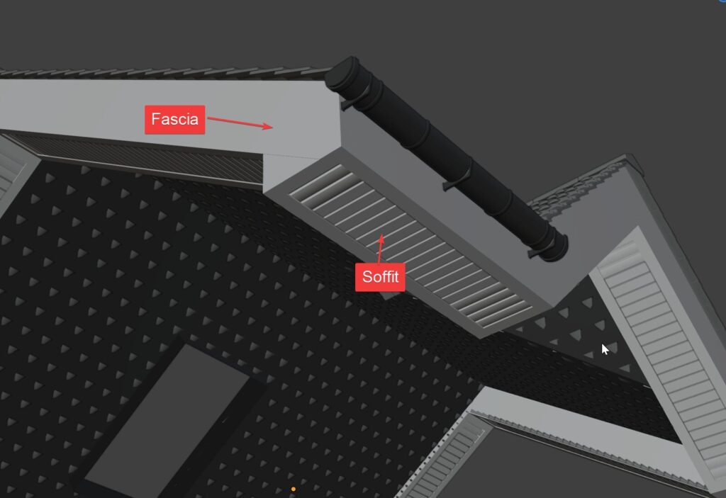 The underside of a roof edge showing the fascia board and soffit generated by the roof system.