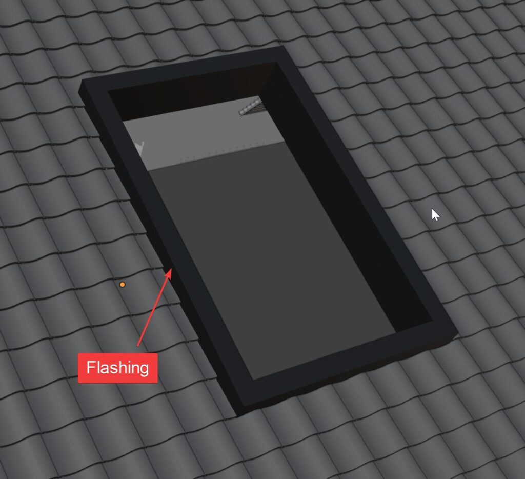 Metal flashing generated around a rectangular window opening in a tiled roof.