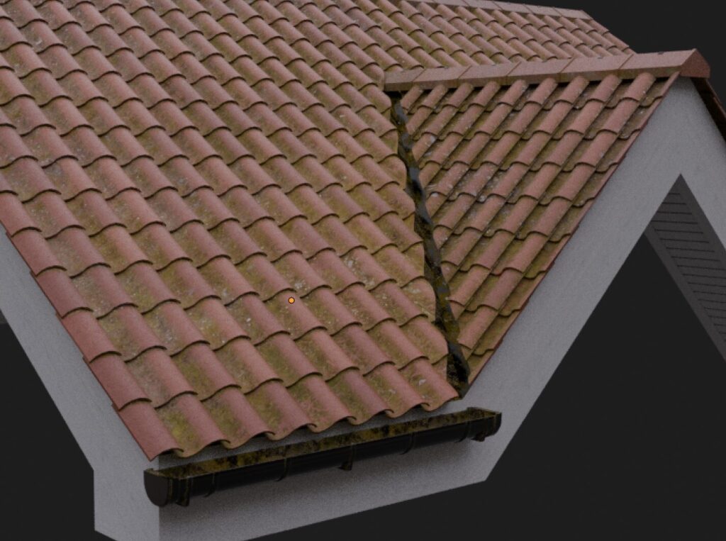 Procedural moss concentrated in crevices of a tile roof