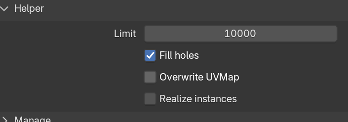 The Helper section with Overwrite UVMap and Realise Instances disabled again.