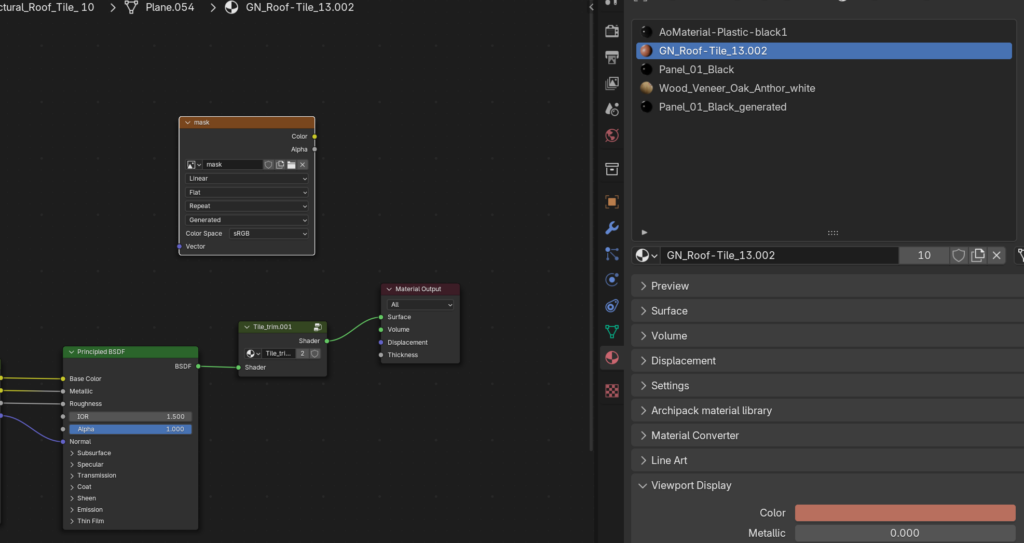 The shader editor with a new blank image texture named mask added to the tile material.