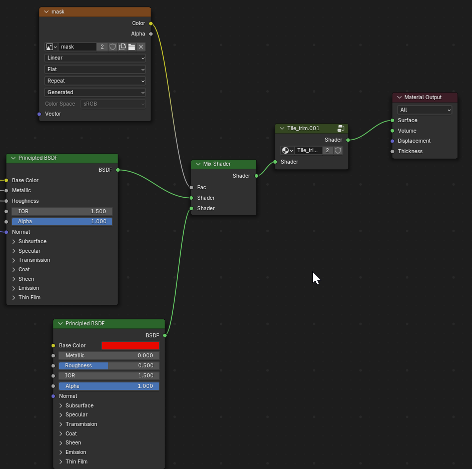 A shader node setup with the mask image driving the factor of a Mix Shader between two materials.