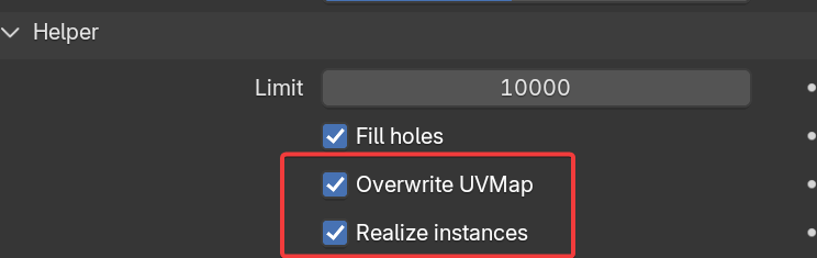 The Helper section with Overwrite UVMap and Realise Instances both enabled.