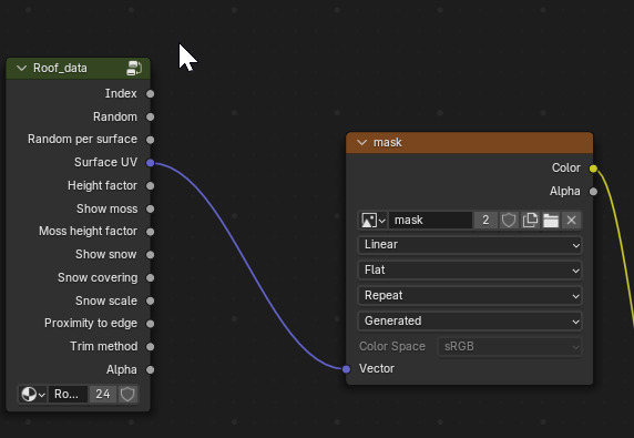 The Roof_data node group's Surface UV output connected to the mask texture's Vector input.