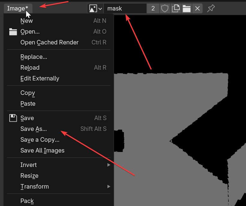The Image menu in the UV editor with Save As highlighted for the painted mask.