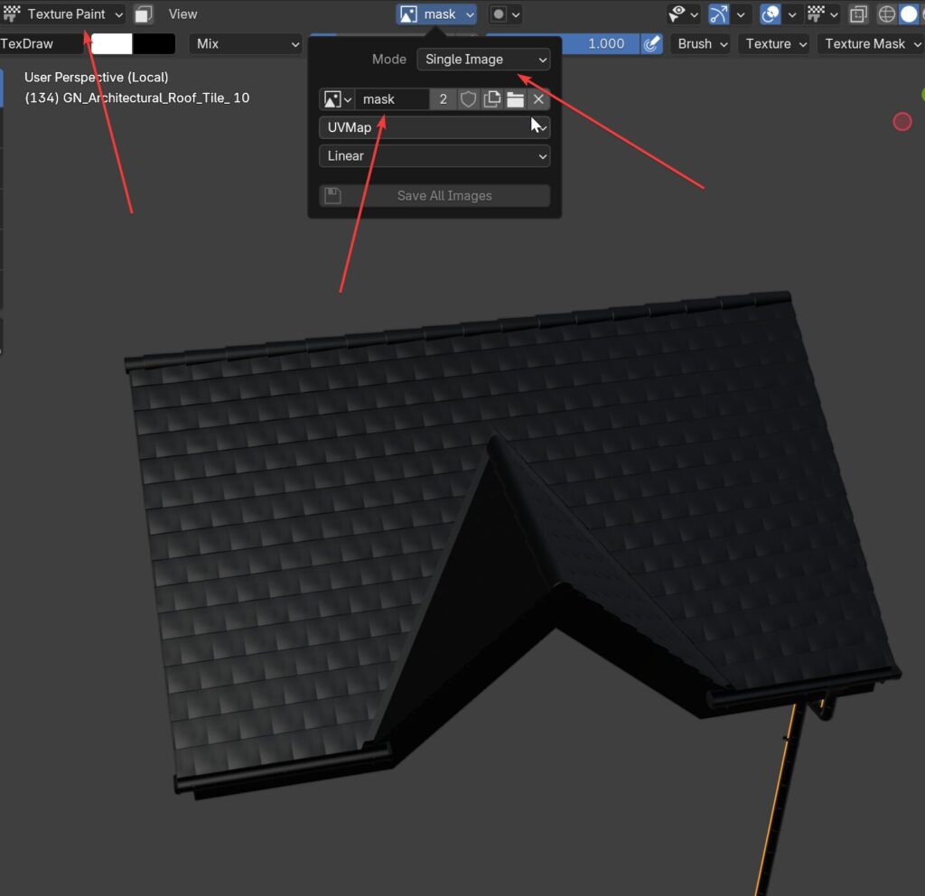 Texture Paint mode settings with Single Image selected and the mask image assigned.