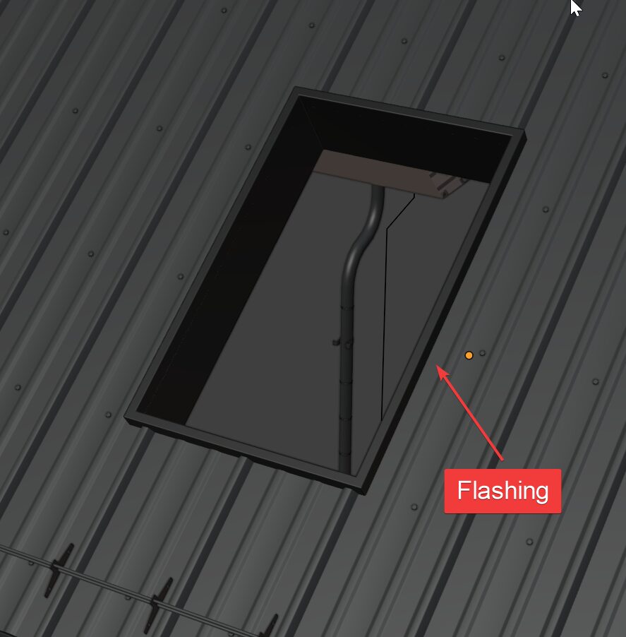 Flashing generated around a window opening in a metal panel roof.