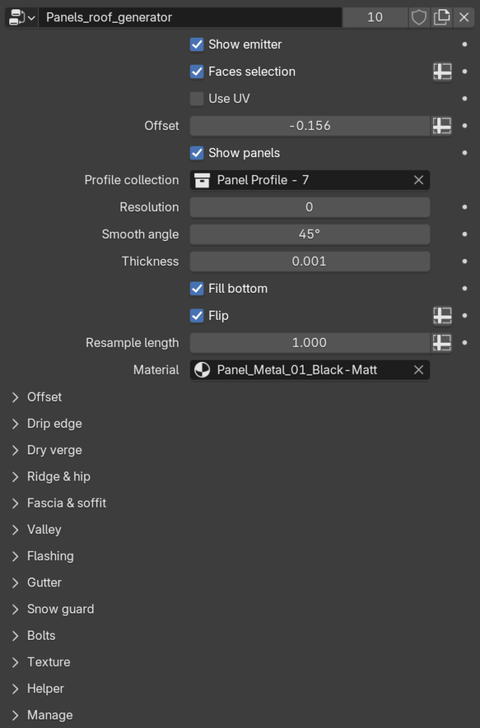 The initial settings section of the Metal Panel Roof Generator modifier.