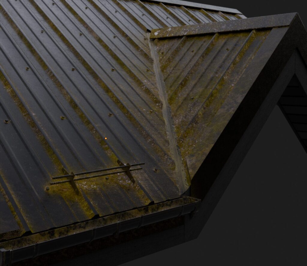 Procedural moss on a metal panel roof.