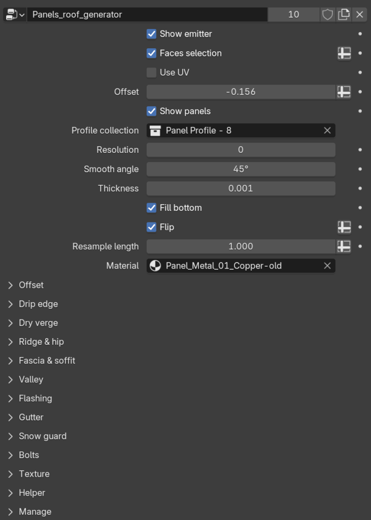 The Metal Panel Roof Generator's geometry nodes modifier panel showing its full parameter list.