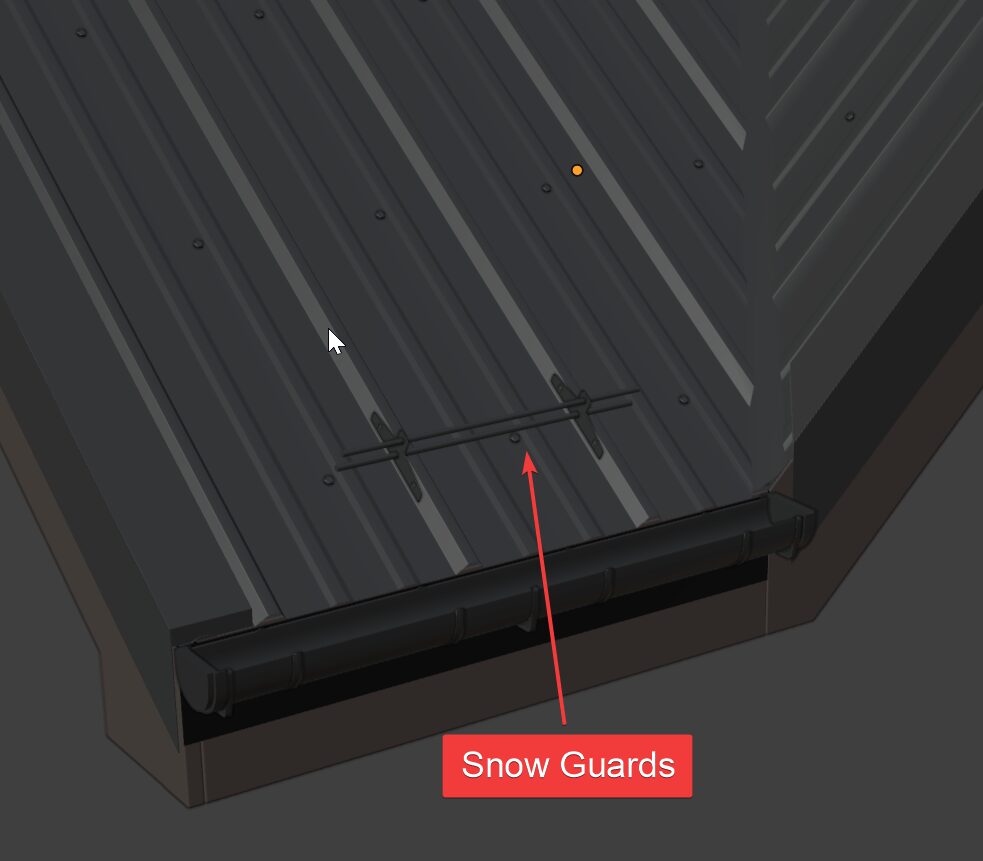Snow guards generated in rows across a metal panel roof.