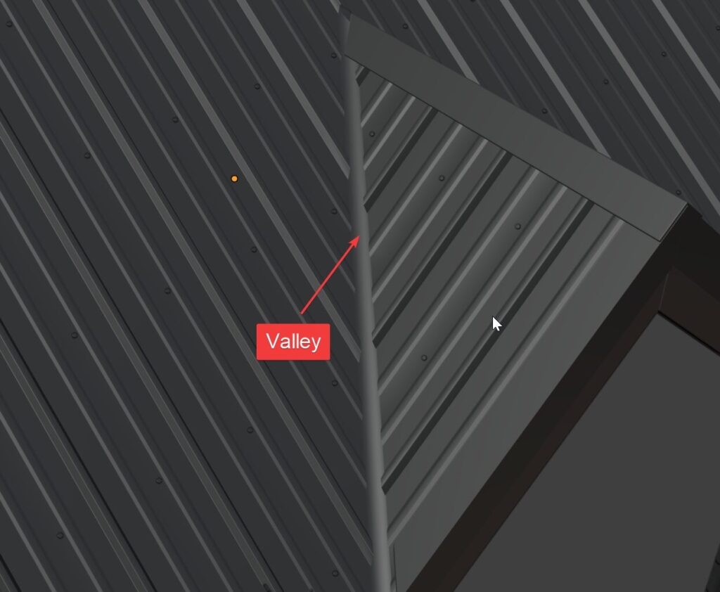 A valley piece generated along the internal join of a metal panel roof.