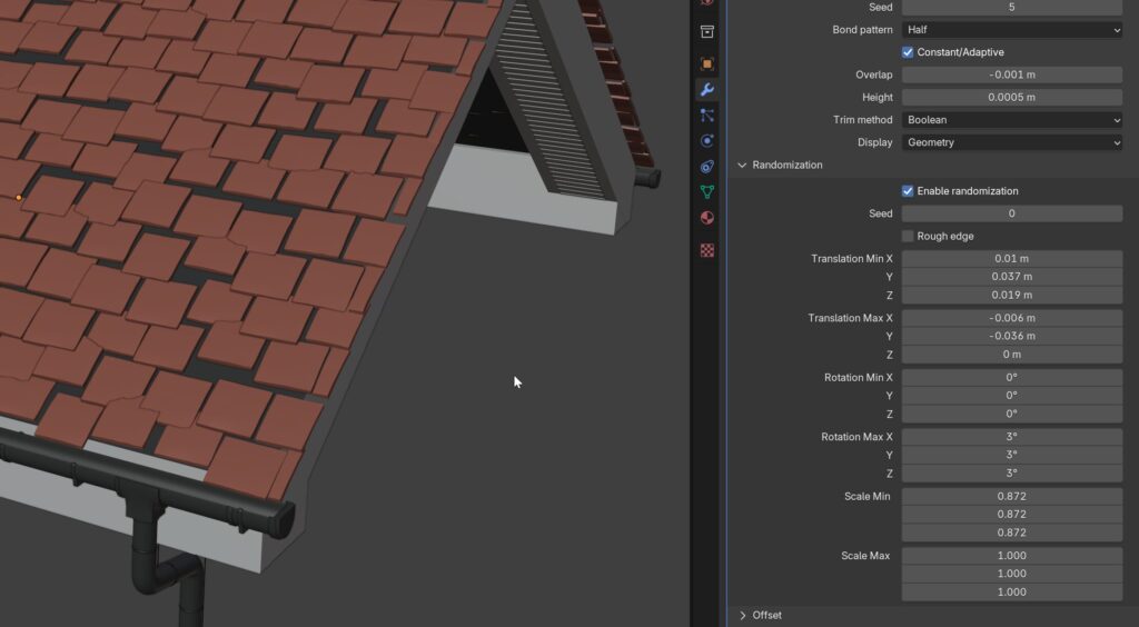 A tile roof with subtle random variation in tile position and rotation.