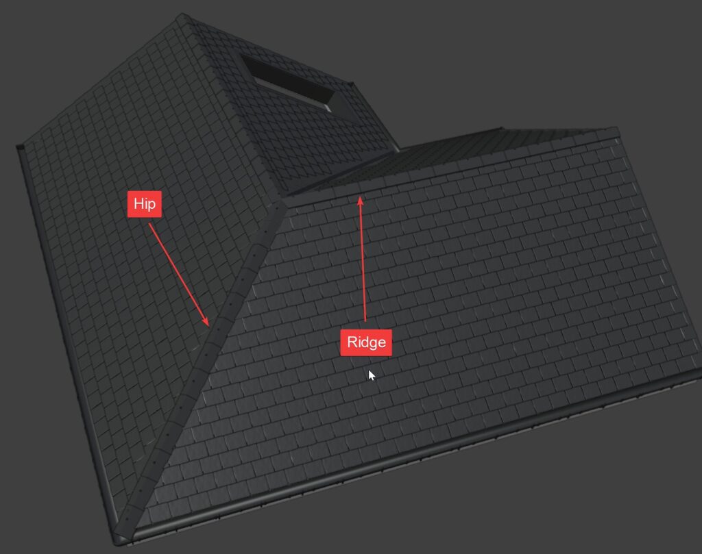 Tile roof with ridge pieces along the top and hip pieces down the corners