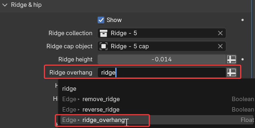 The Ridge Overhang field in attribute mode with the ridge_overhang attribute being selected from the suggestion list.