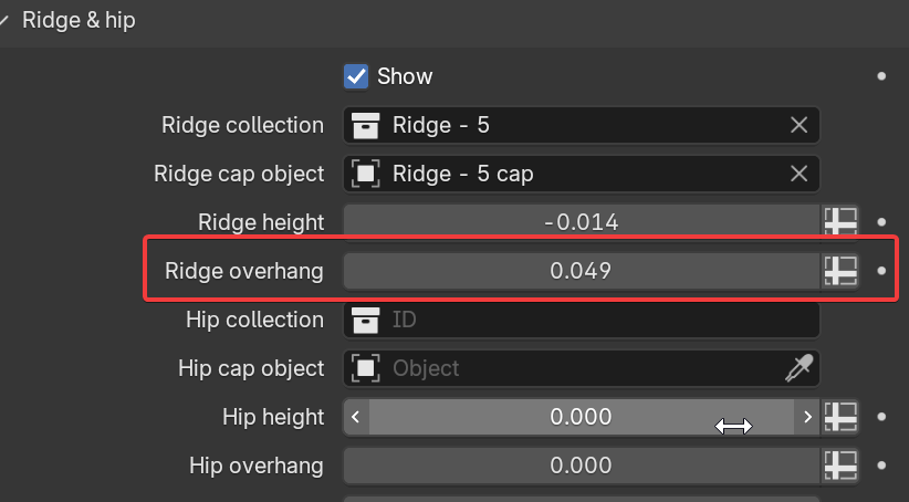 The Ridge Overhang parameter showing a single value of 0.049 with the Input Attribute Toggle next to it.
