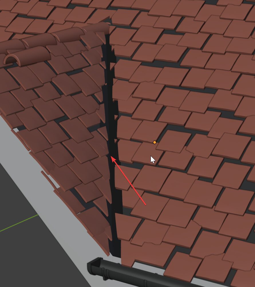 A roof edge with Rough Edge enabled and heavy randomization, showing tiles that look too scattered.
