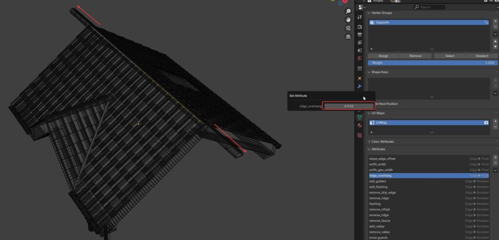Edit Mode with one ridge edge selected and the Set Attribute operator applying a custom overhang value.