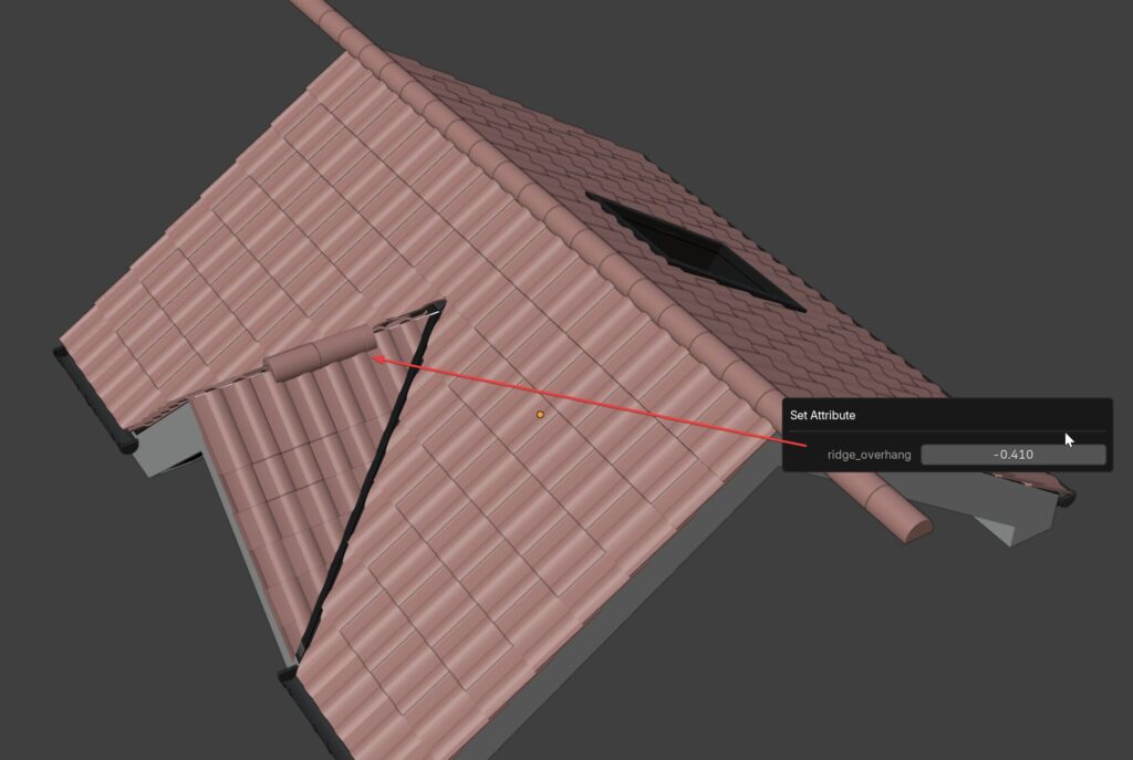 A second ridge edge selected in Edit Mode receiving a different overhang value via Set Attribute.