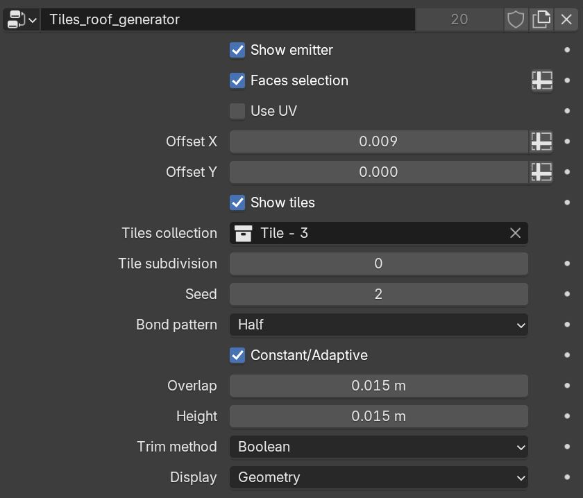 The initial settings section of the Tile Roof Generator modifier.
