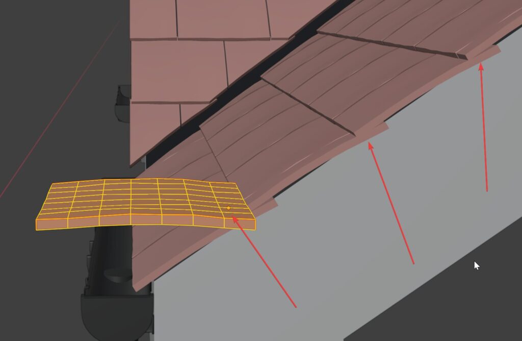 A single roof tile in Blender with its origin point placed slightly inside the tile geometry.