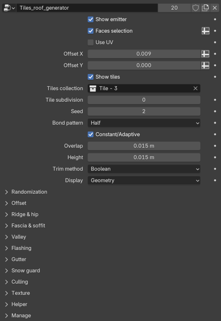The Tile Roof Generator's geometry nodes modifier panel showing its full parameter list.