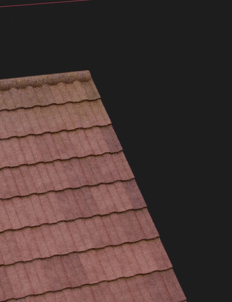 The same roof edge in rendered view, where the alpha map cleanly trims the tile edges.