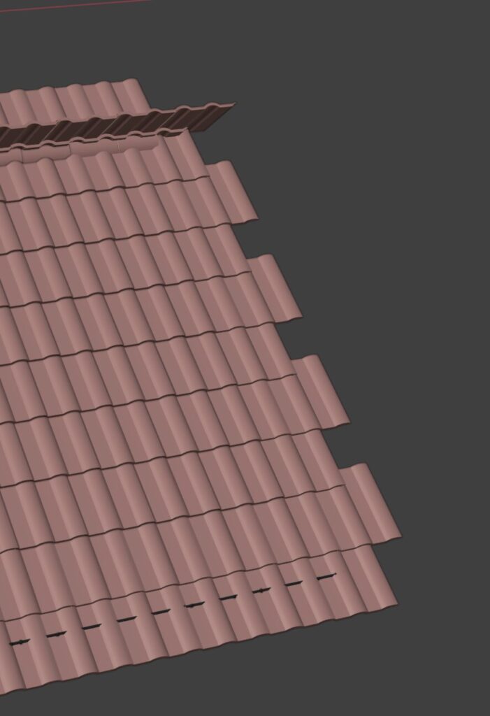 A tile roof edge in solid view with the Alpha Map trim method, showing uncut tiles.