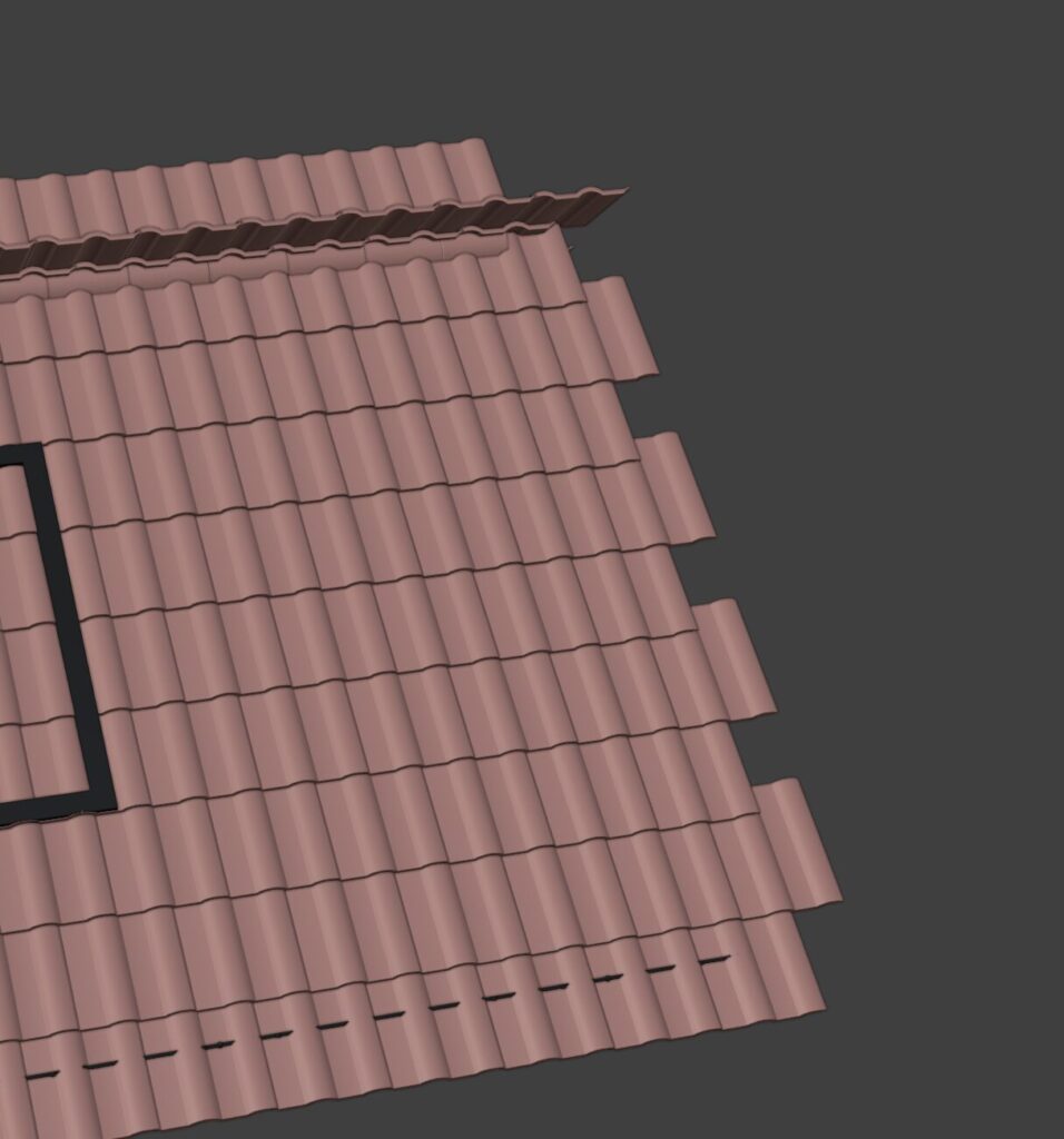A tile roof edge with the trim method set to None, showing tiles overhanging the roof edge uncut.