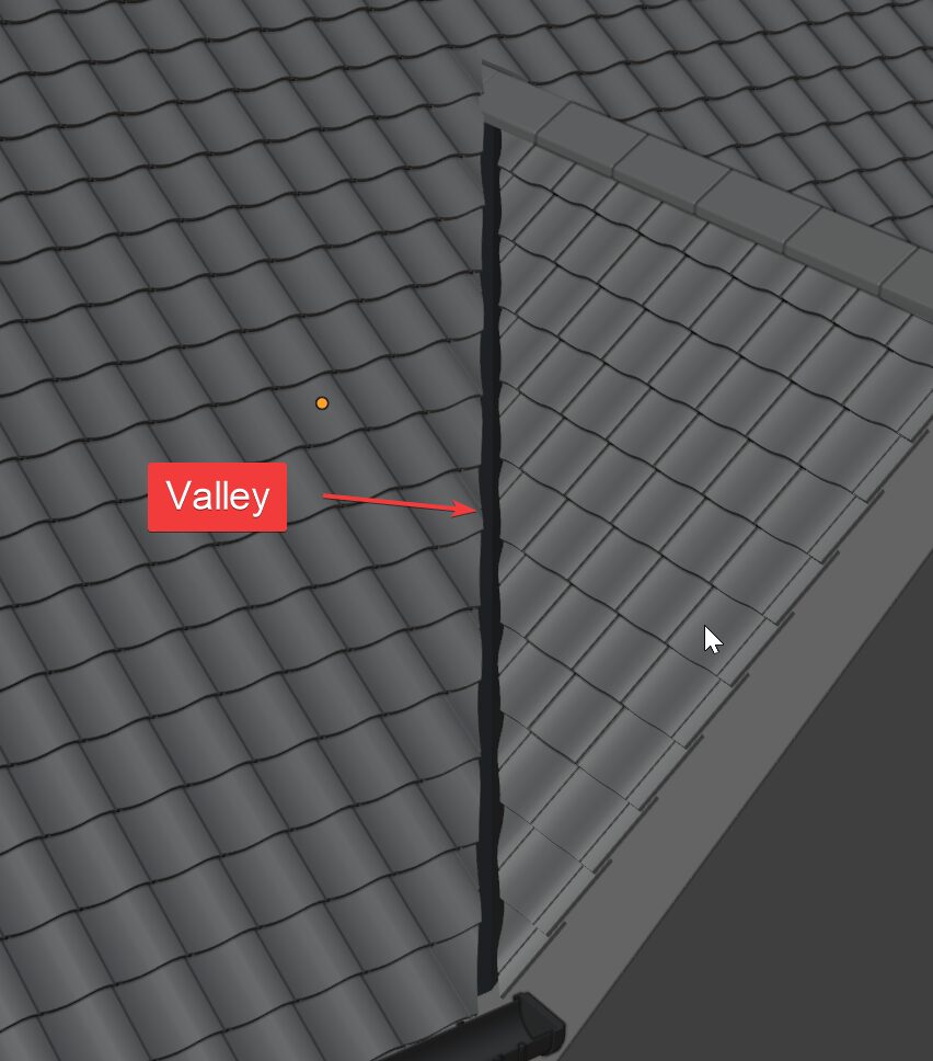 A roof valley piece running along the internal join between two tiled roof faces.