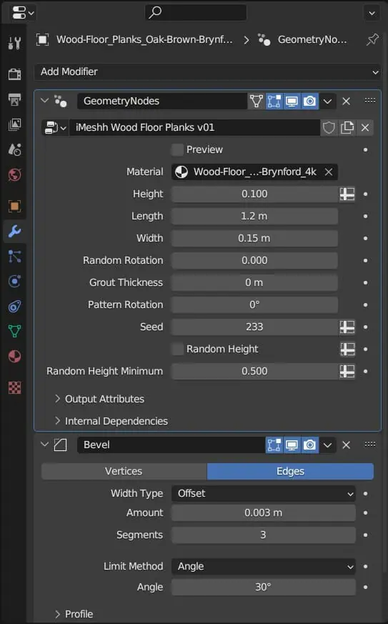 The geometry nodes modifier panel listing the wood floor's plank, randomisation, and grout parameters.