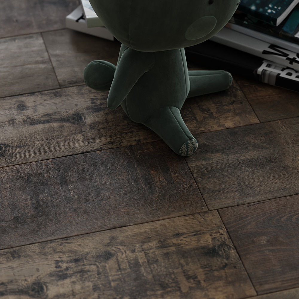 Close-up of a rustic wood floor showing dirt, scratches and grout detailing from the shader