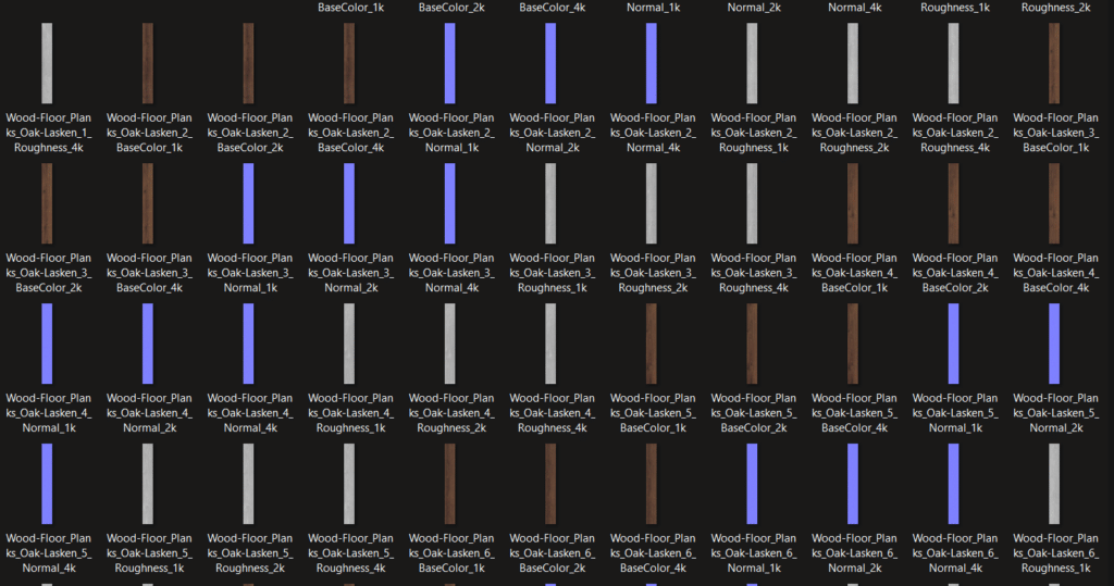 The organised plank texture files showing the available resolution tiers.