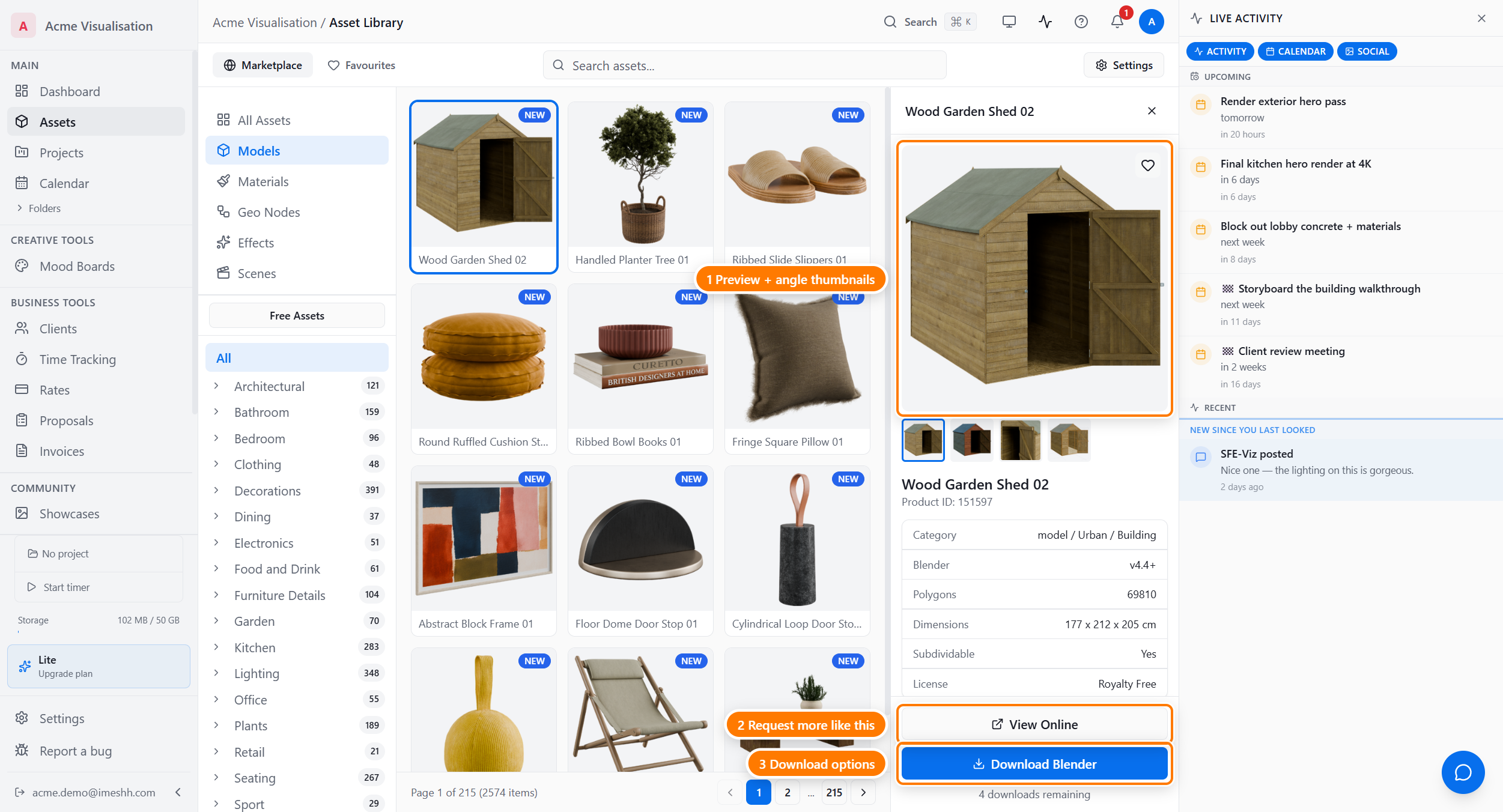 The Asset Library with the Asset Details panel open on the right, showing an asset preview, thumbnail strip, specs, tags, similar items, and the Download button.