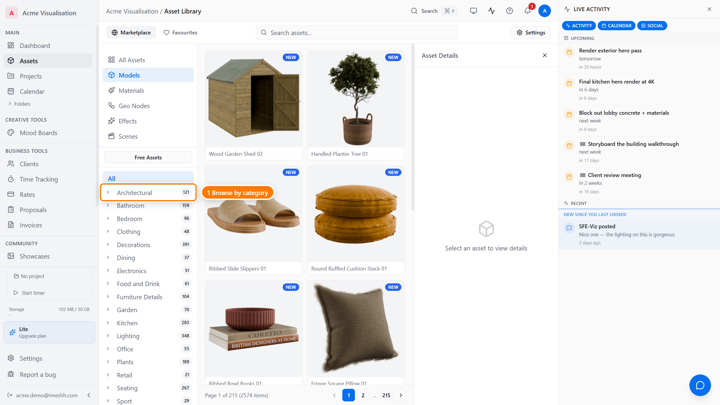 The category list in the sidebar showing Architectural, Bathroom, Bedroom, Clothing, and other categories with item counts.