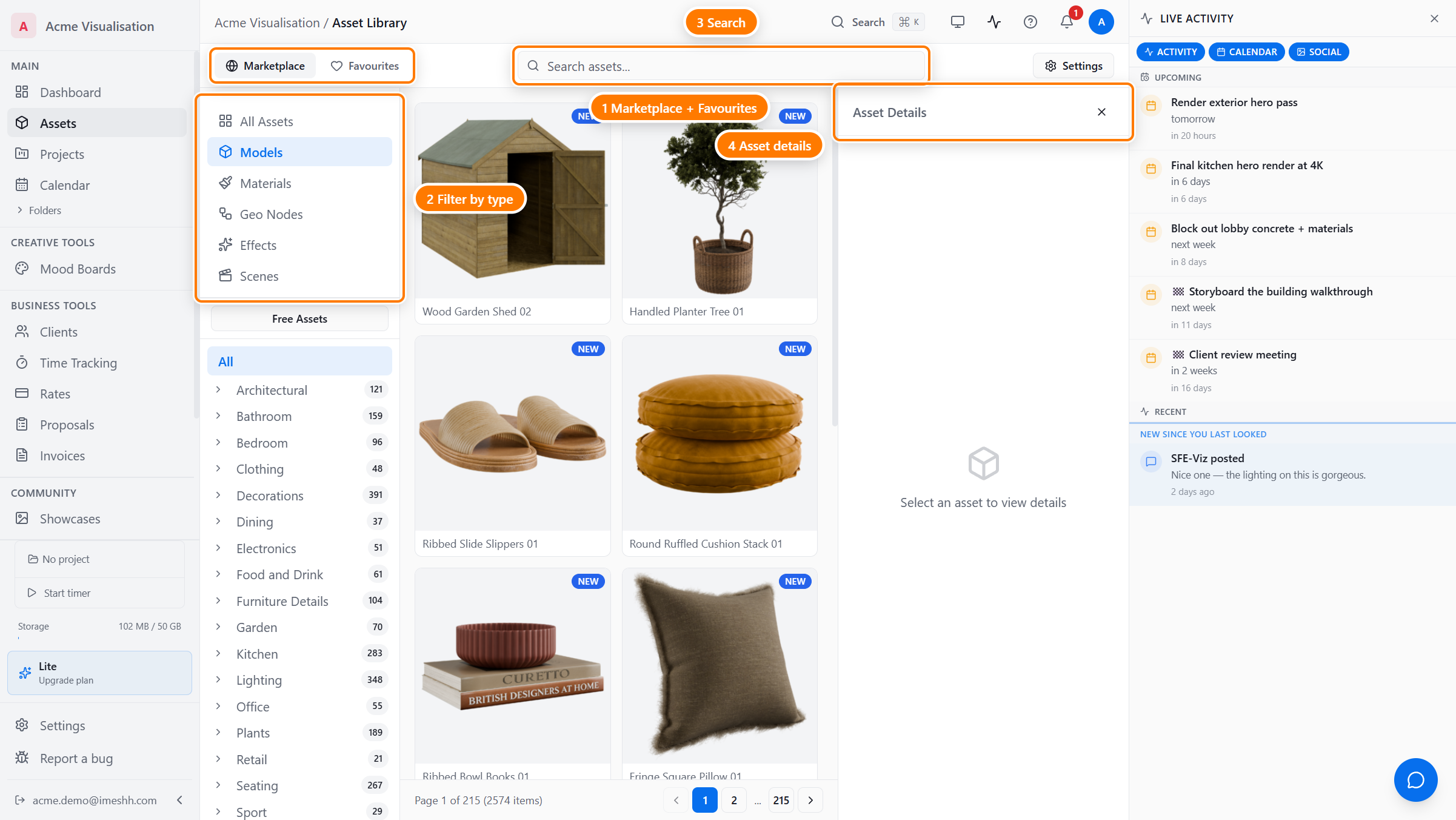 The Asset Library landing view: source tabs at the top, a left sidebar with type and category filters, the asset grid in the middle, and the Asset Details panel on the right.