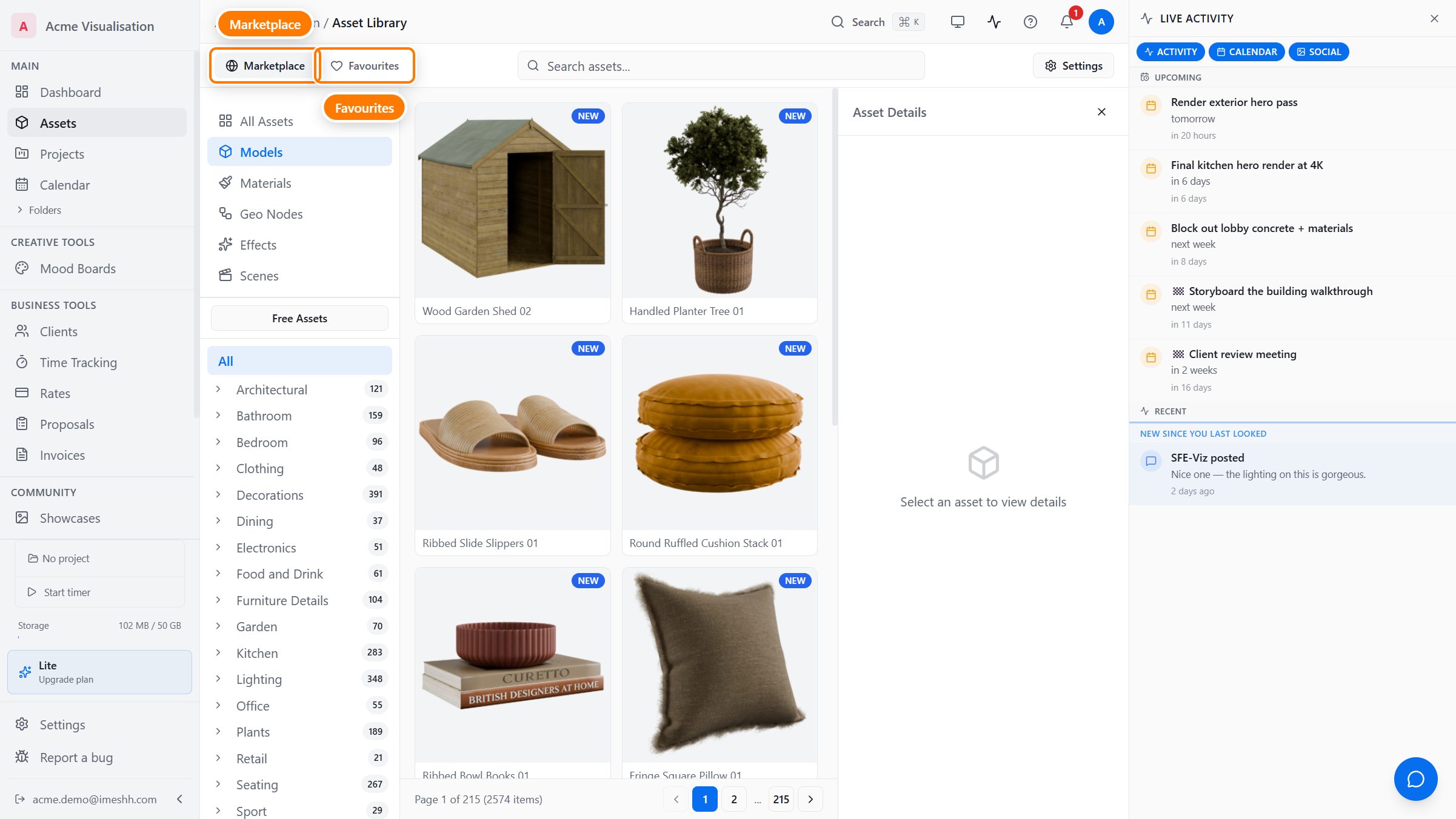 The Marketplace and Favourites tabs at the top of the Asset Library.