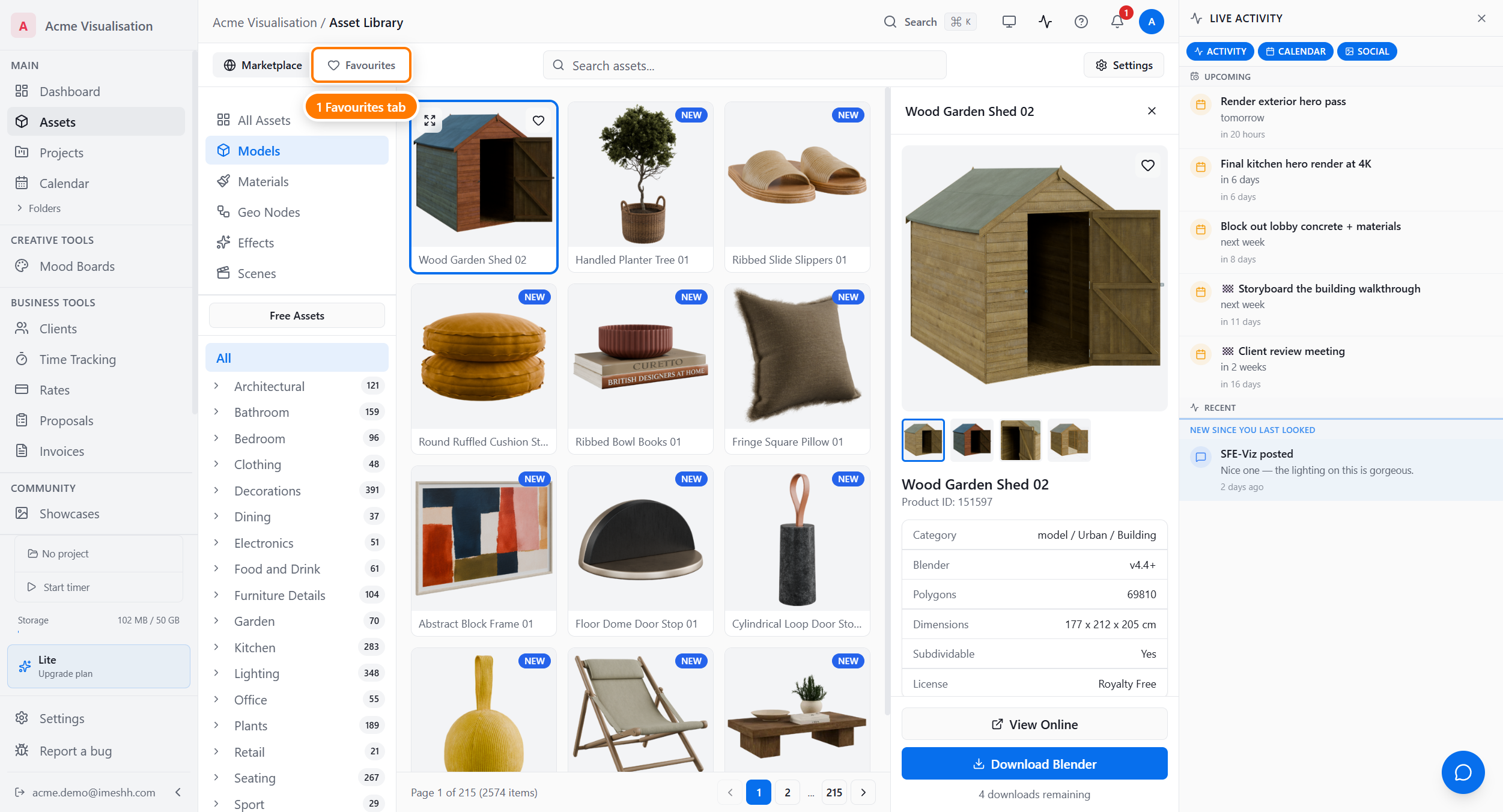 The Favourites tab in the Asset Library showing saved assets in the grid.