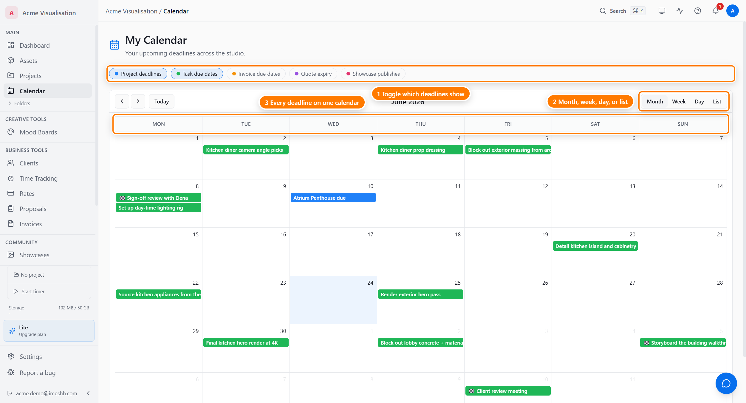 My Calendar in Month view: the source toggles for project deadlines, task due dates, invoice due dates, quote expiry, and showcase publishes (1), the Month / Week / Day / List view switch (2), and the month grid with deadline events on their dates (3).