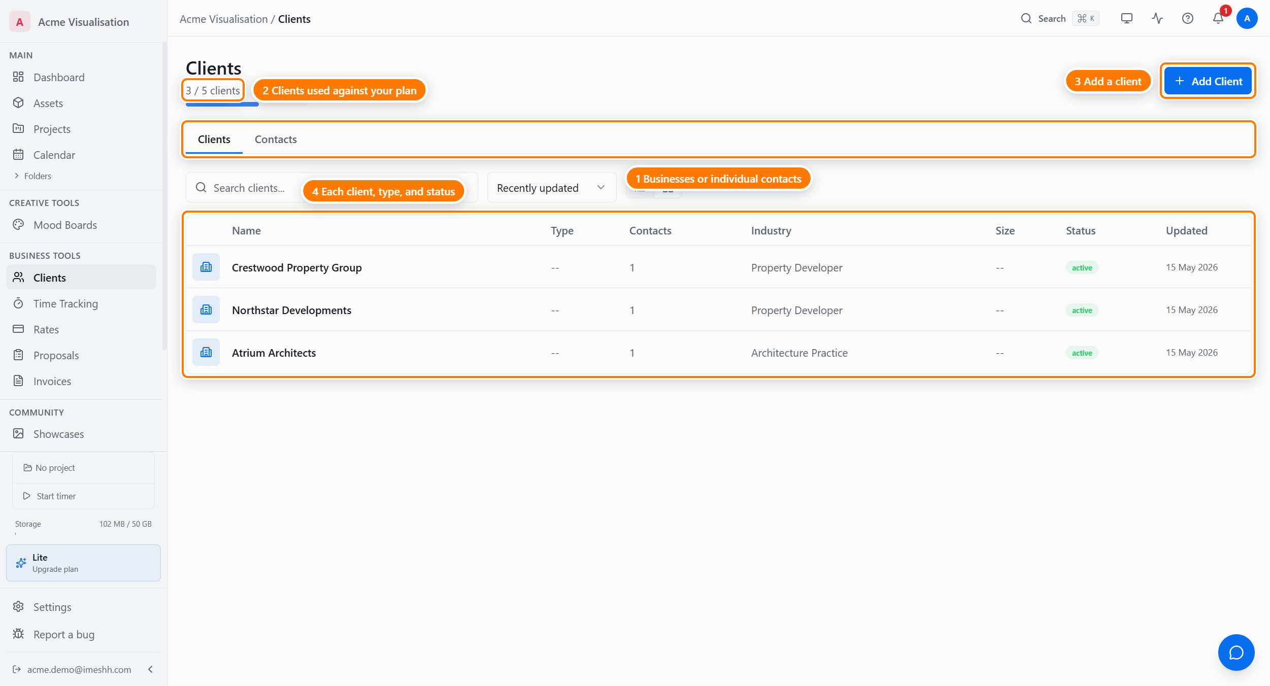 The Clients page showing the Add Client button, the Clients and Contacts tabs, a search box, and a table of businesses with columns for Name, Type, Contacts, Industry, Size, Status, and Updated.