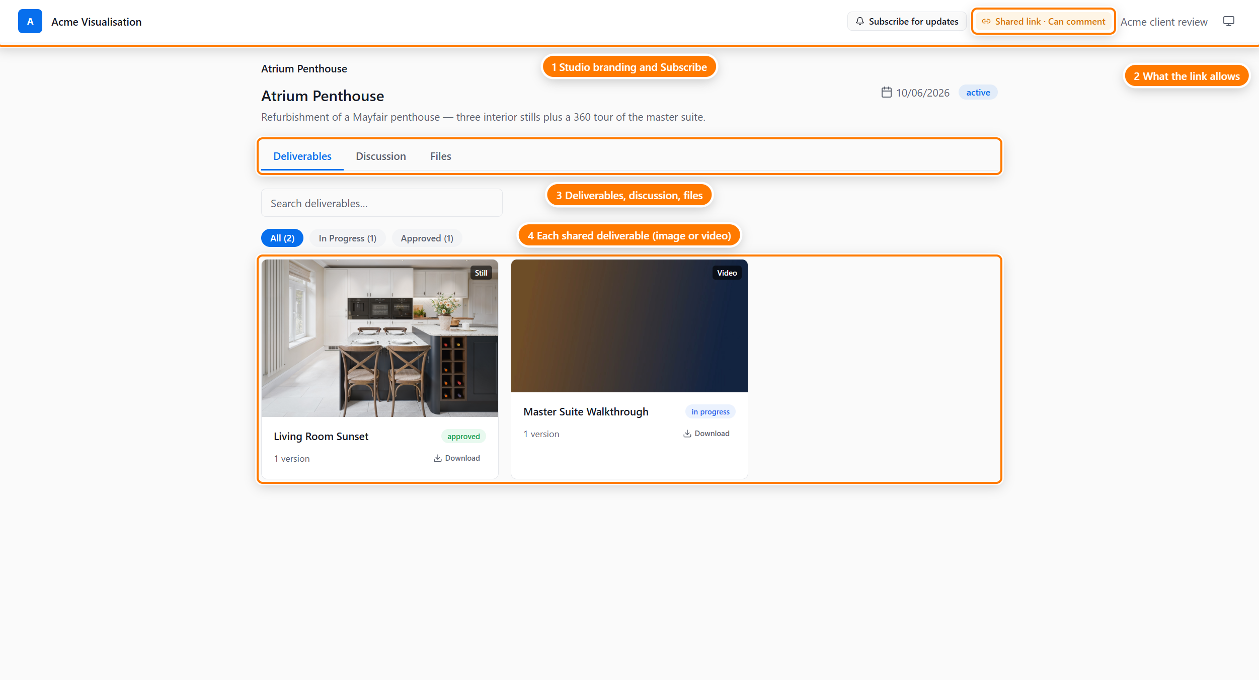 A project share link's first screen: the studio header with Subscribe for updates (1), the permission pill (2), the Deliverables / Discussion / Files tabs (3), and the list of shared deliverables — here a Still and a Video, each with a version and a Download button (4).